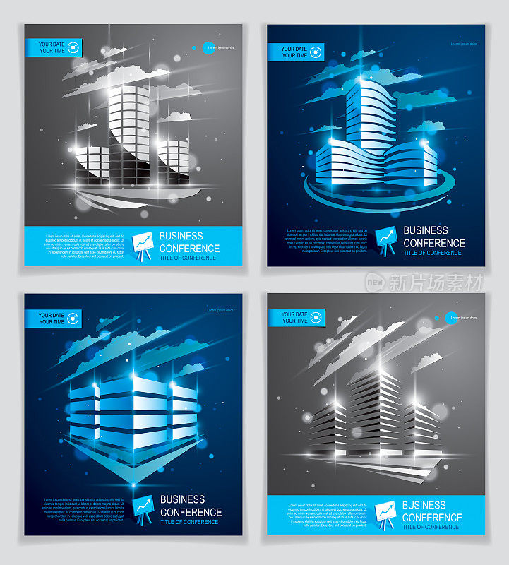 Office buildings brochures set, modern architecture vector flyers with blurred lights and glares effect. Real estate business center blue designs. 3D futuristic facades business conference templates.